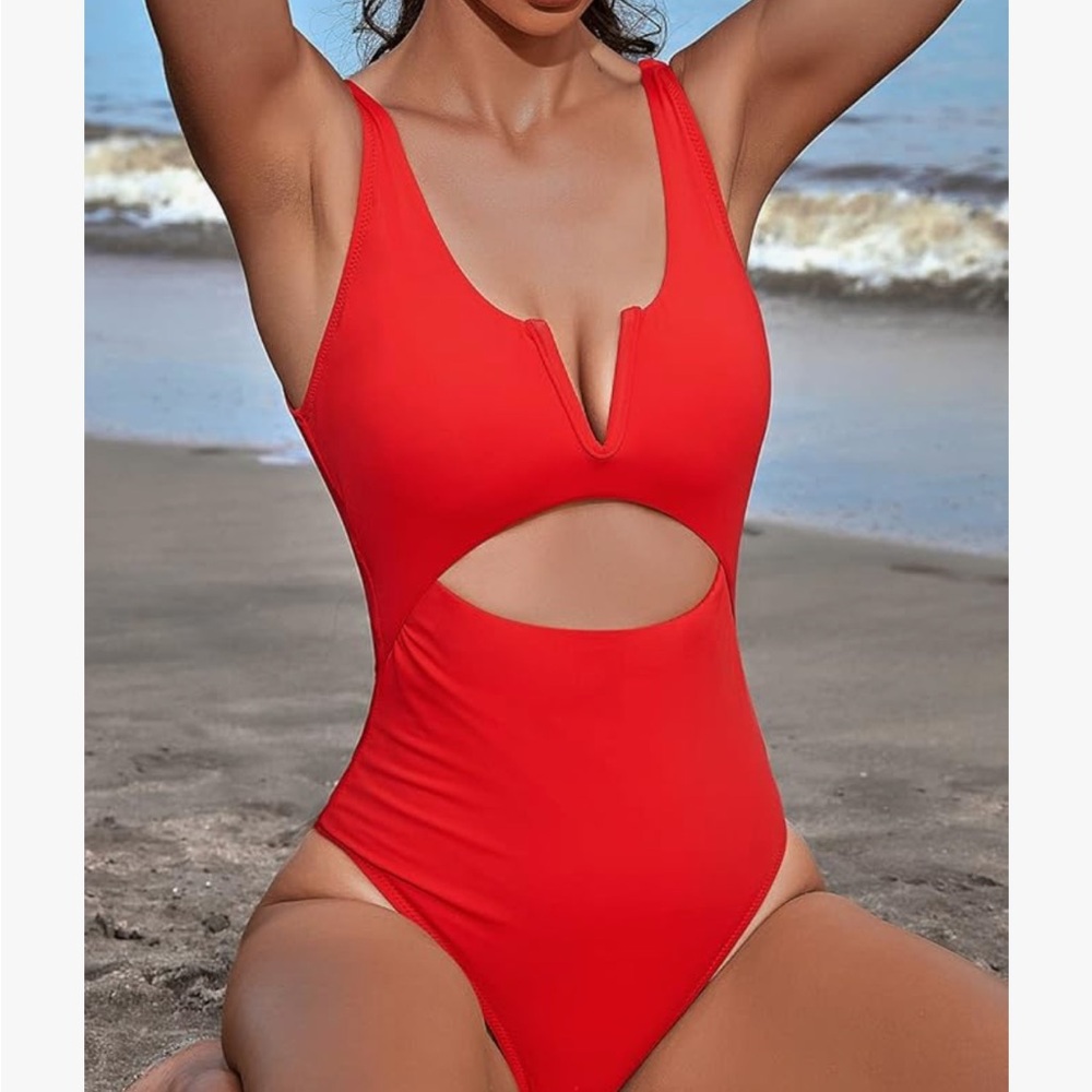 Meyeeka M NWT Red SEXY Hard wire V cut out tummy control One-Piece Swimsuit